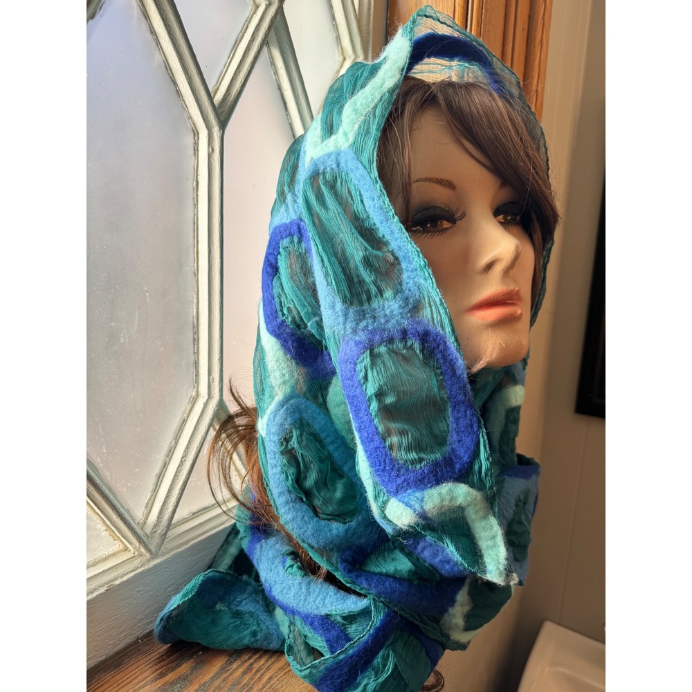 Handmade‎ Merino Wool Silk Scarf Wrap Shawl Teal Blue Nepal Fair Trade